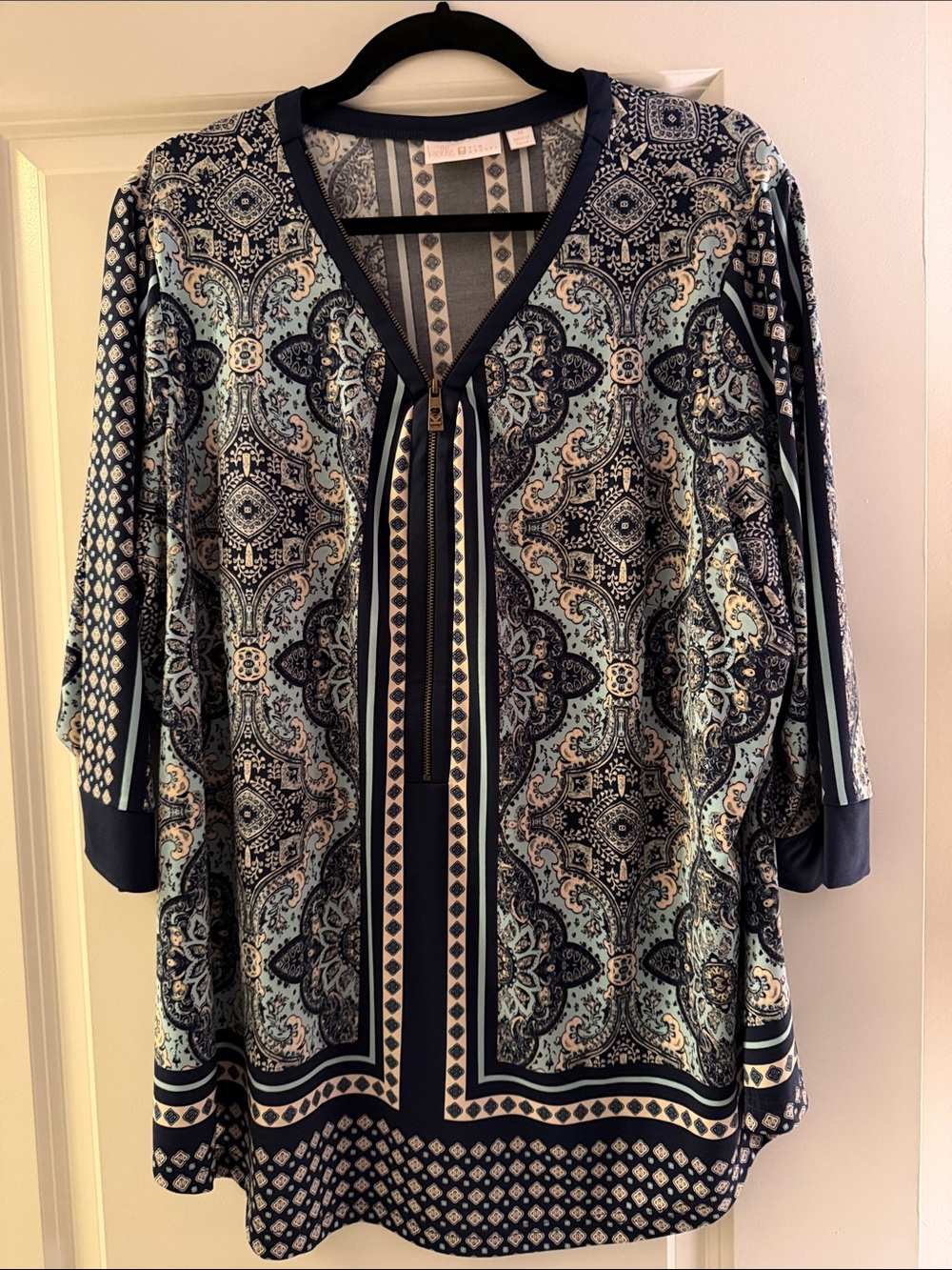Belle by Kim Gravel Navy and Light Blue Paisley V-Neck Tunic